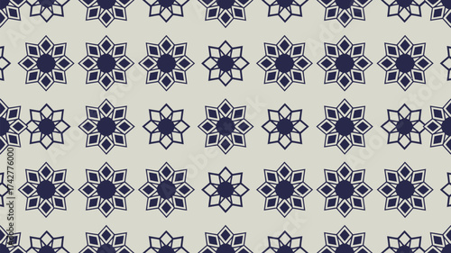Elegant seamless pattern with geometric floral stars in navy on light gray for sophisticated backgrounds and textile designs that will enhance any project