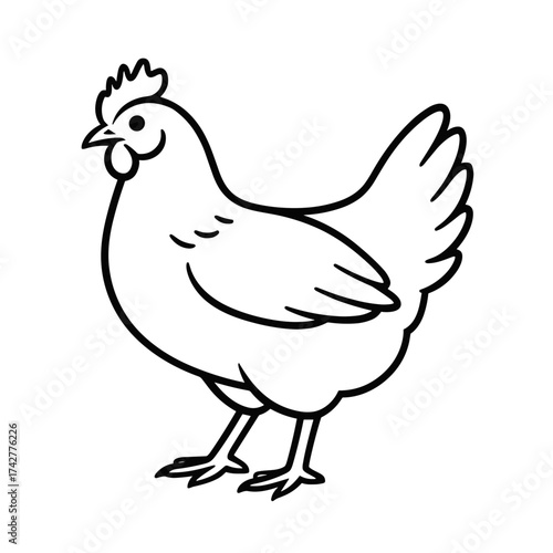 Cartoon chicken illustration in black outline on white background  