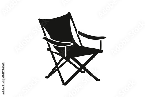 Minimalist silhouette depicts a foldable black camping chair with armrests on a white backdrop