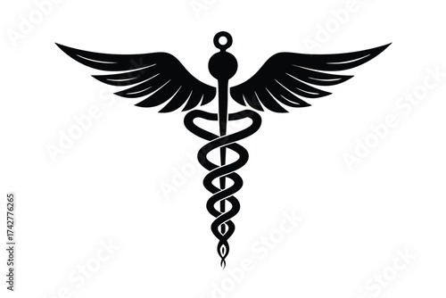Bold black caduceus medical symbol prominently displayed on a clean and stark white background