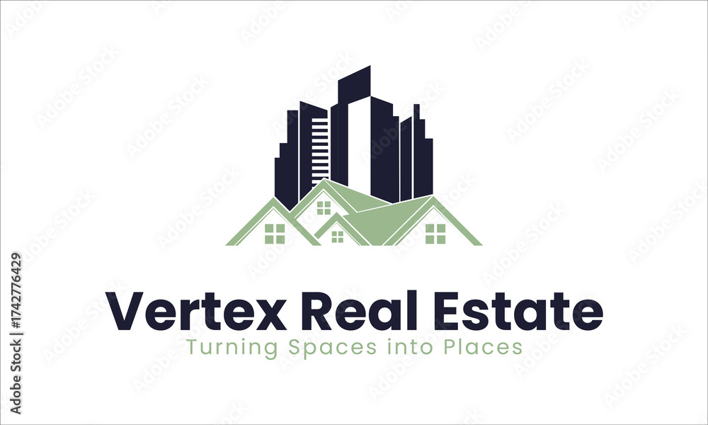 Fototapeta premium Modern real estate company logo for vibrant urban homes and city properties with building skyline