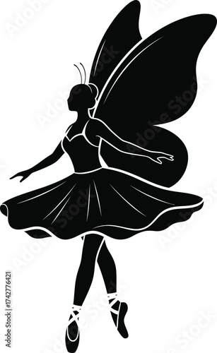Elegant silhouette of a ballerina with butterfly wings dancing gracefully on pointe shoes