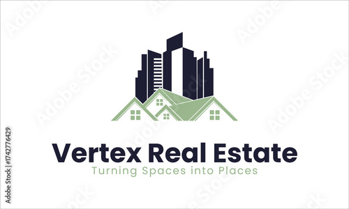 Modern real estate company logo for vibrant urban homes and city properties with building skyline