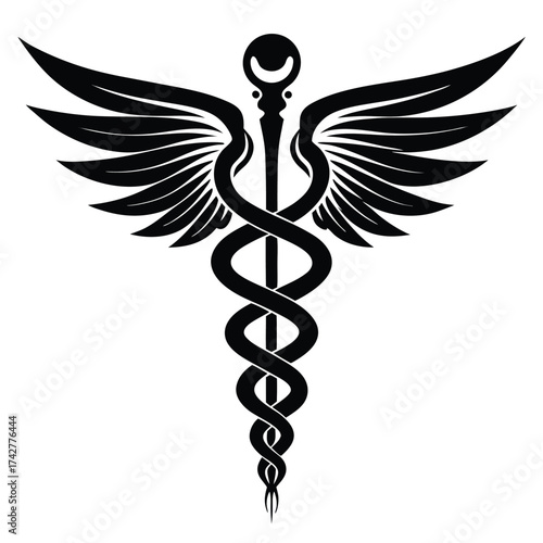 Detailed monochrome Caduceus symbol depicts snakes spiraling a winged rod against a white backdrop