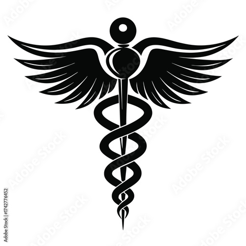Symbolic caduceus emblem displays a rod entwined by two serpents and wings in black