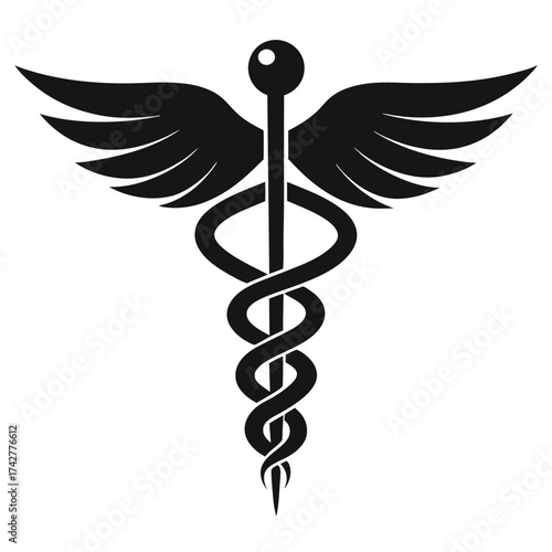 Black caduceus symbol with wings represents health and medicine on a white backdrop