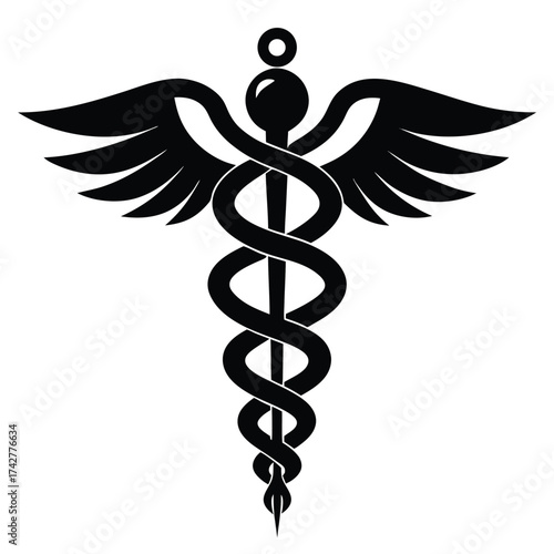 A classic black caduceus featuring intertwined snakes and wings symbolizes medicine against a plain white backdrop