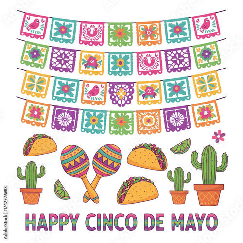Celebratory cinco de mayo illustration with banners, tacos, cacti, and maracas on a light background