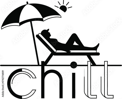 Relaxing person on a lounge chair under an umbrella with the word chill integrated into the design