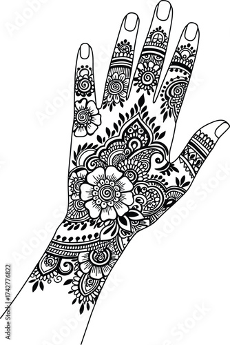 Intricate black henna mehndi design adorning an open hand with floral patterns and paisley motifs