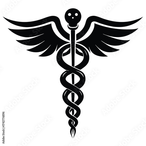 Black caduceus symbol has wings and two snakes winding around the staff in a vector