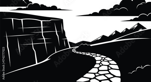 Black and white landscape path to mountains vector design editable vector