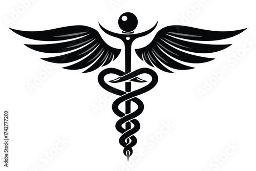 Black caduceus symbol with wings shows traditional symbol for medicine and healthcare