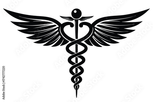 Black caduceus wings symbol features intertwined snakes wrapping a staff in monochrome art