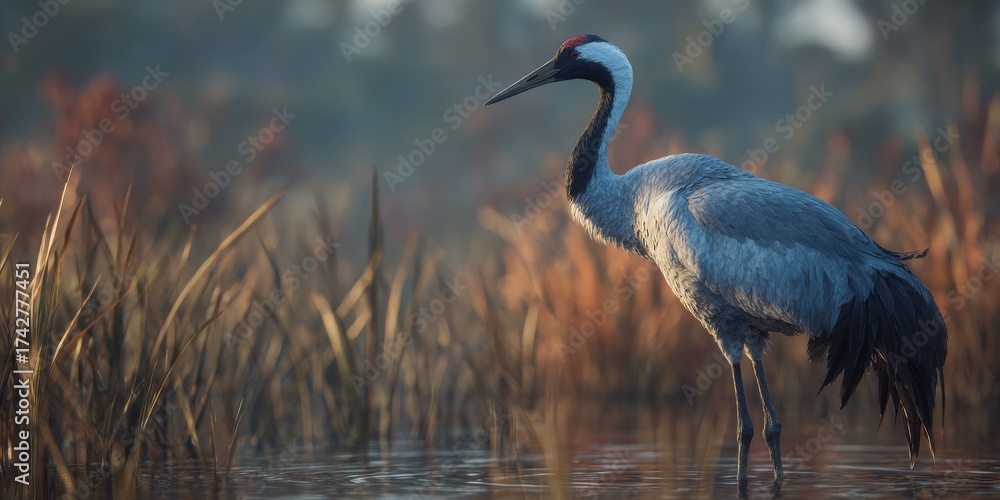Naklejka premium Elegant Crane in Wetland: A majestic crane stands gracefully in a wetland, its slender form and intricate plumage create a picturesque moment of tranquility amidst the natural beauty.