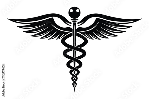 Black caduceus symbol with wings represents healing and medicine on a white backdrop