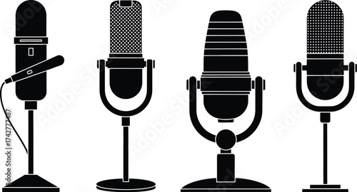 Microphone vector set podcasting audio recording equipment editable vector