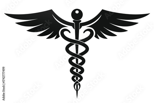 Iconic black caduceus symbol features intertwined snakes and symmetrical wings against a clean background