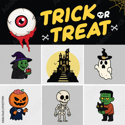 Happy Halloween scary pumpkin monster and Ghost friends. character and poster design