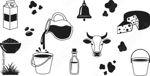 Dairy farm products vector illustration black and white editable vector