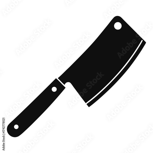 A solid black cleaver knife sits isolated with a hole at the top for hanging