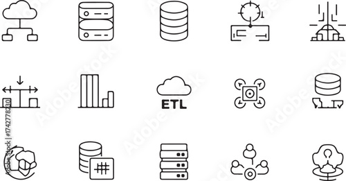 Data storage and network icons cloud server E T L drone