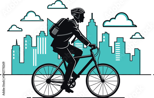 Businessman riding bicycle in city for commute and exercise editable vector