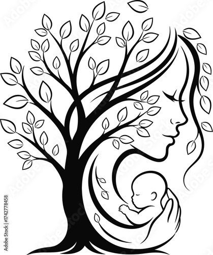 Stylized black and white tree of life symbolizing motherhood and new beginnings with a baby