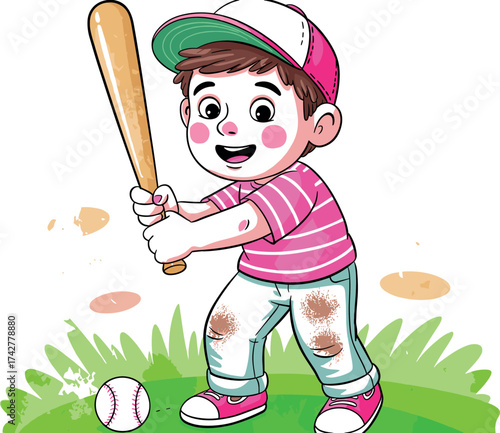 Cartoon Boy Playing Baseball with Bat and Ball on Green Grass