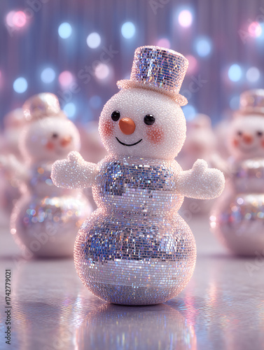 snowman made of glittering disco balls dancing under neon lights, festive winter party vibe