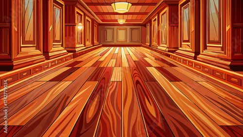 Polished cherry wood flooring, reddish warm hue, detailed grain pattern, elegant vector illustration, perfect for luxury interiors, classic living rooms, and refined design mockups.