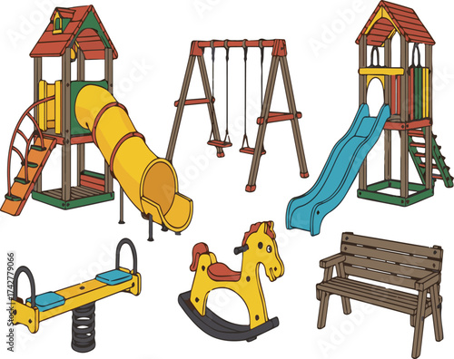 Colorful cartoon playground equipment including slides swings seesaw rocking horse and bench park recreation