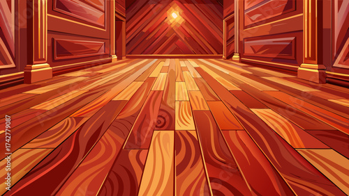 Polished cherry wood flooring, reddish warm hue, detailed grain pattern, elegant vector illustration, perfect for luxury interiors, classic living rooms, and refined design mockups.