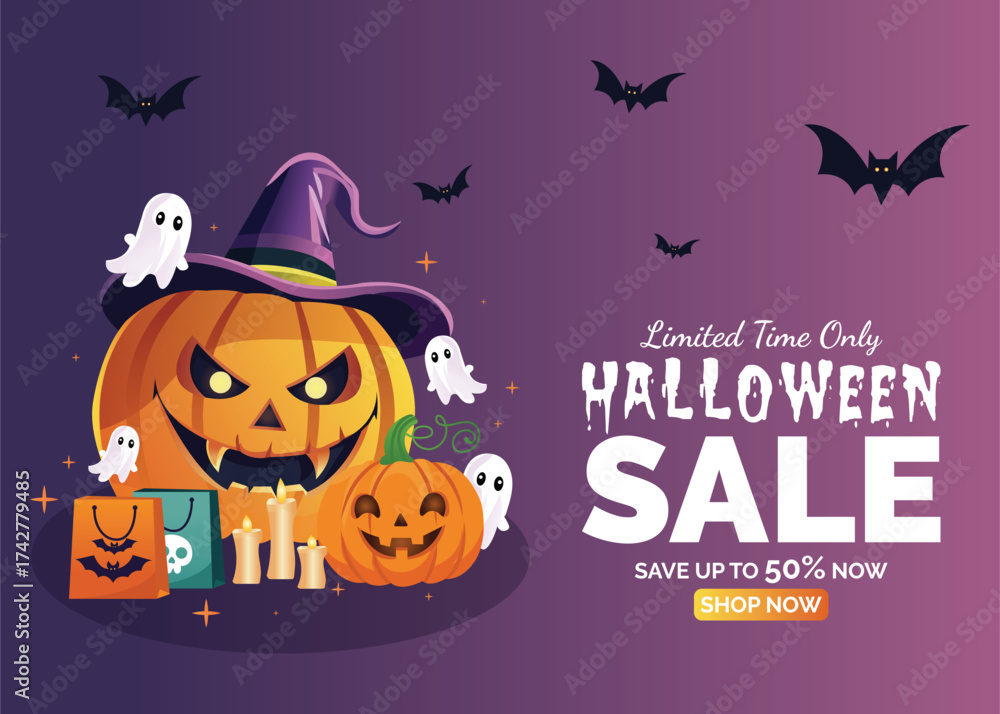 Fototapeta premium Spooky Halloween sale background with typography, pumpkin, ghost, witch hat, and decor. Perfect for trick or treat deals, discounts, online stores, and October 31st promotions.