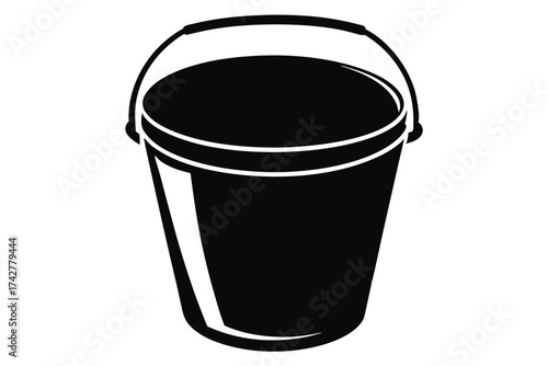 Isolated silhouette shows a black bucket featuring a sturdy handle, standing upright