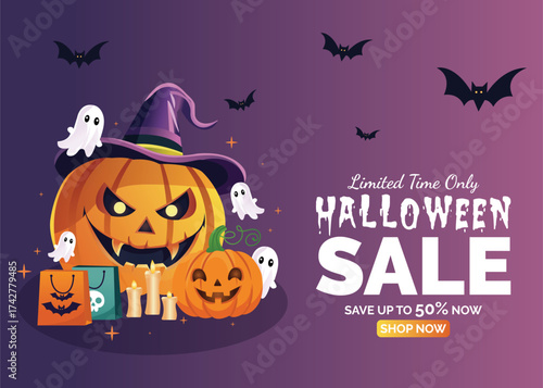 Spooky Halloween sale background with typography, pumpkin, ghost, witch hat, and decor. Perfect for trick or treat deals, discounts, online stores, and October 31st promotions.