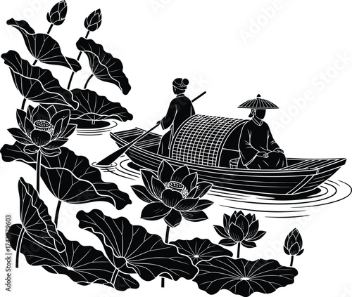 Traditional chinese boat with two people navigating through a serene pond filled with blooming lotus flowers and leaves