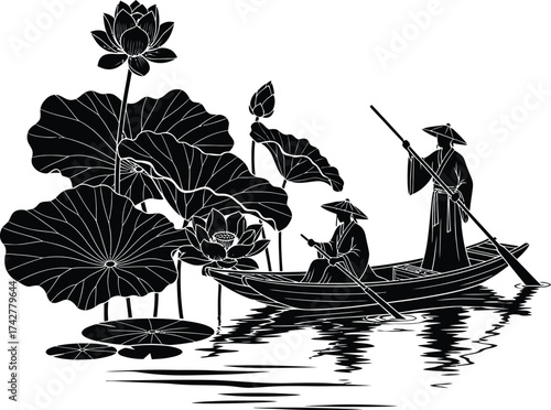 Two figures in traditional attire navigate a boat through a serene pond filled with blooming lotus flowers and large lily pads