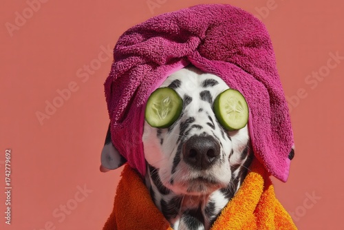 Un adorable dalmata disfruta de un día de spa con una toalla morada en la cabeza y rodajas de pepino sobre los ojos.