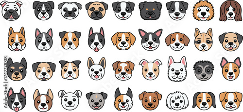 Cartoon dog faces, various breeds, pet illustration, cute animals, canine expressions, vector art, domestic dogs, breed diversity, animal drawing, puppy icons