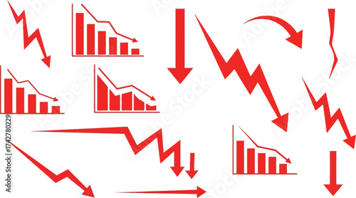 Stock market crash and recession red arrow downward trend editable vector