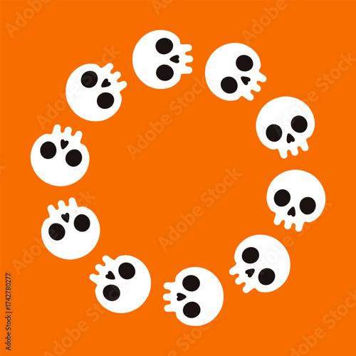 Vector frame of cartoon white skulls forming a circle on orange background. Spooky Halloween wreath illustration for autumn decor, invitation, party, logo, card, seasonal design.