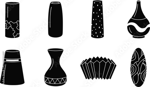 Vector art of decorative vases and pottery black and white editable vector