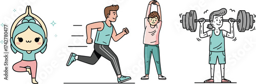 Cartoon fitness illustrations with yoga, running, stretching, weightlifting, healthy lifestyle, exercise characters, workout activities, gym training, sports, active people art