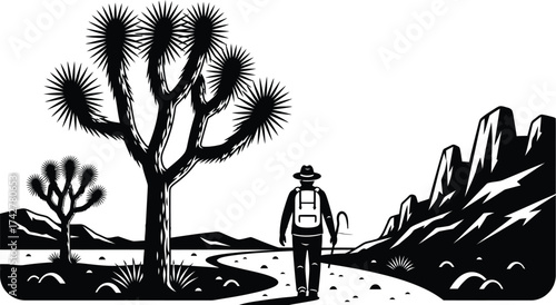 Man hiking joshua tree national park black and white vector editable vector