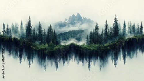 Fototapeta Naklejka Na Ścianę i Meble -  Misty mountain range, forest reflected, sound wave effect