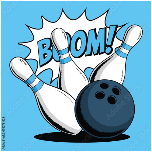 Dynamic bowling scene featuring a bowling ball striking down pins with a powerful “BOOM!” comic effect. Perfect for sports designs, game posters, bowling club promotions, tournament banners\