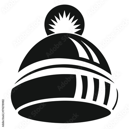 Simple black bobble hat icon with white decorative stripes on white