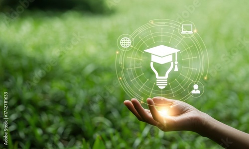 Education and Nature Synergy: A glowing lightbulb emblem representing education hovers above a hand, set against a verdant backdrop, symbolizes the growth, knowledge, and nurturing of intellect.