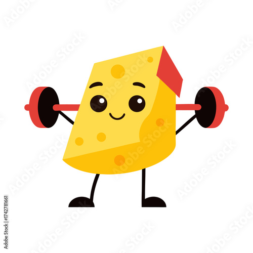 Vector art of a cheerful cartoon wedge of cheese character lifting weights with a determined expression